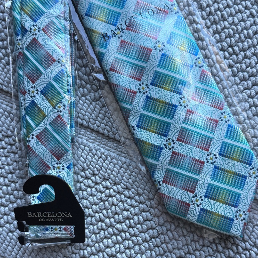 Barcelona Cravatte Blue Green Yellow Multi Block Paisley Design Men Necktie Tie